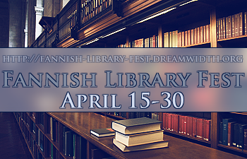 Fannish Library Fest, library stacks banner w/ address
