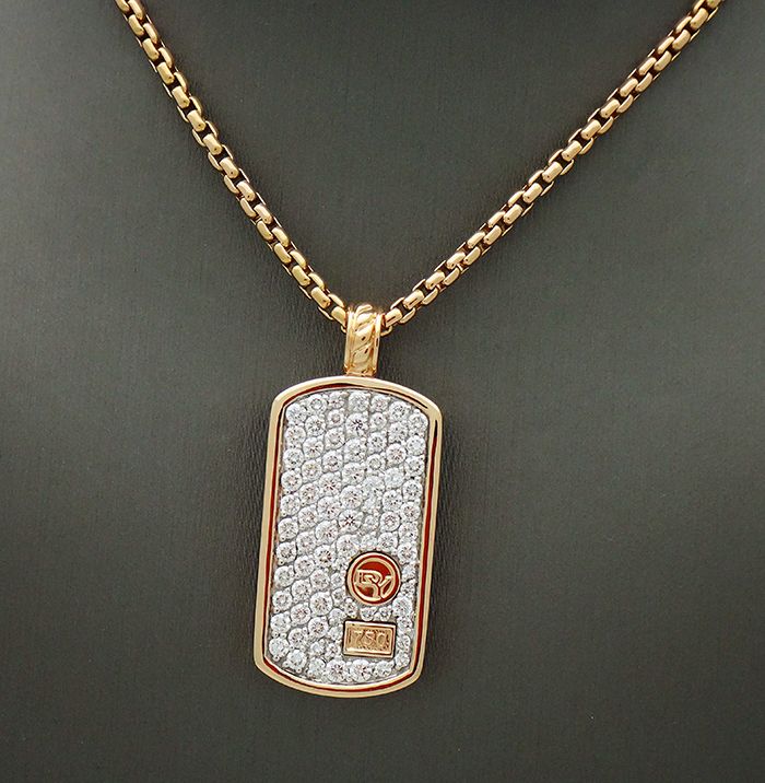 David Yurman 18k Rose Gold Over 3.00 Ct TCW Diamond Dog Tag Necklace 24