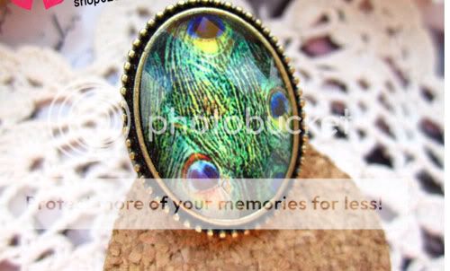 Ancient Bronze Peacock Feather Big Gem Retro Style Ring Adjustable 