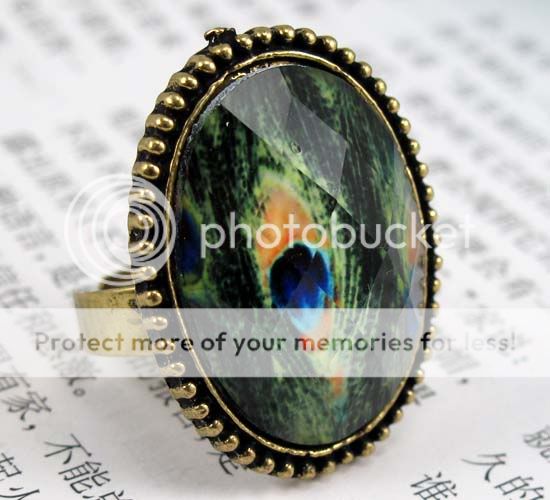 Ancient Bronze Peacock Feather Big Gem Retro Style Ring Adjustable 